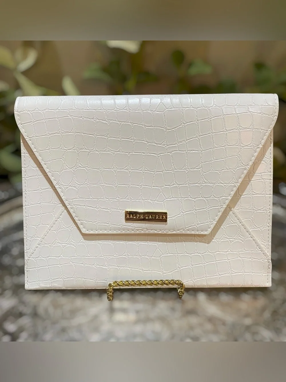 Ralph Lauren White Envelope Clutch Crocodile Faux Leather Purse Bag - Picture 2 of 5